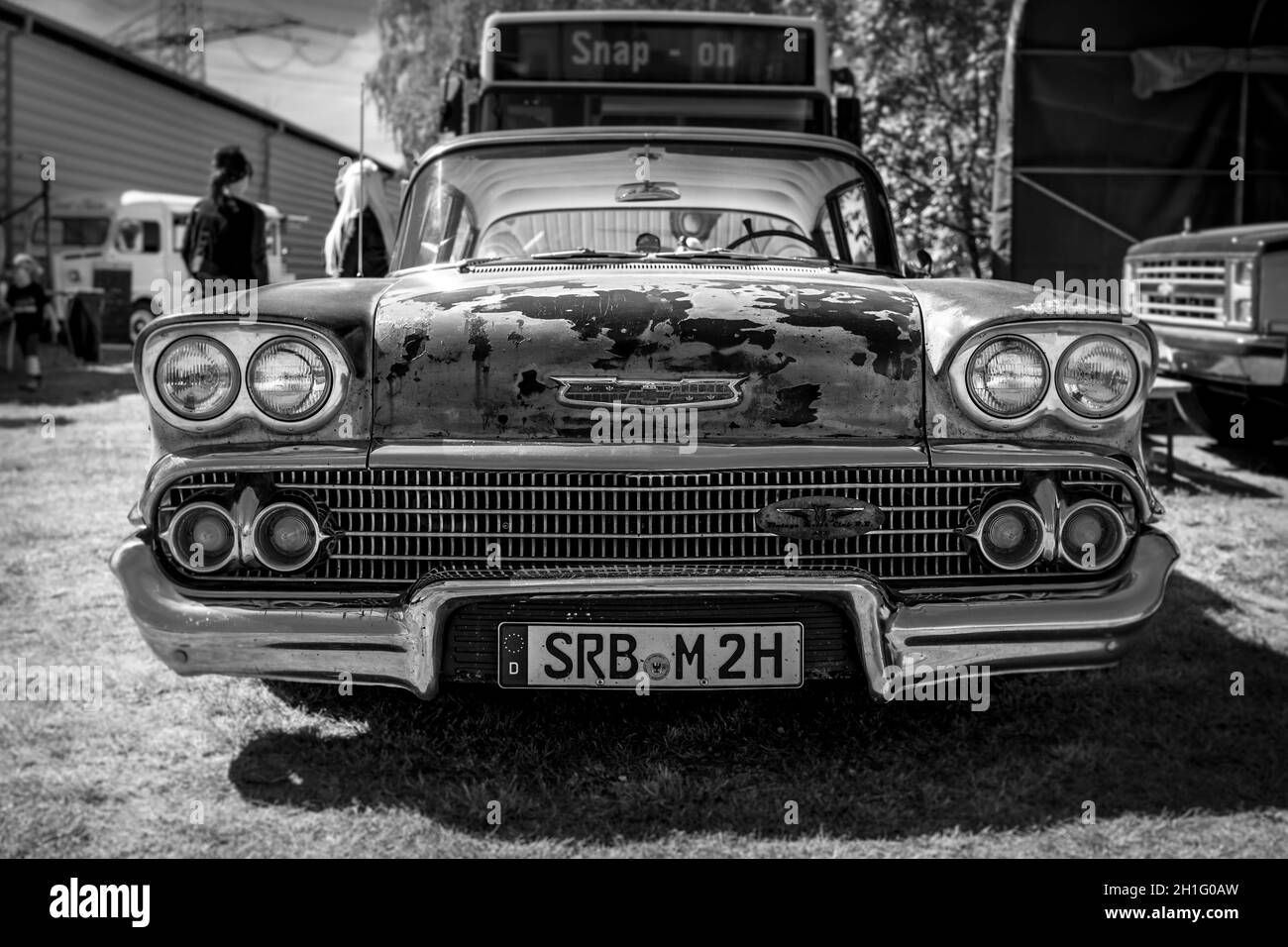 BERLIN - MAY 05, 2018: Full-size car Chevrolet Bel Air Coupe (Third generation). Black and white. Stock Photo