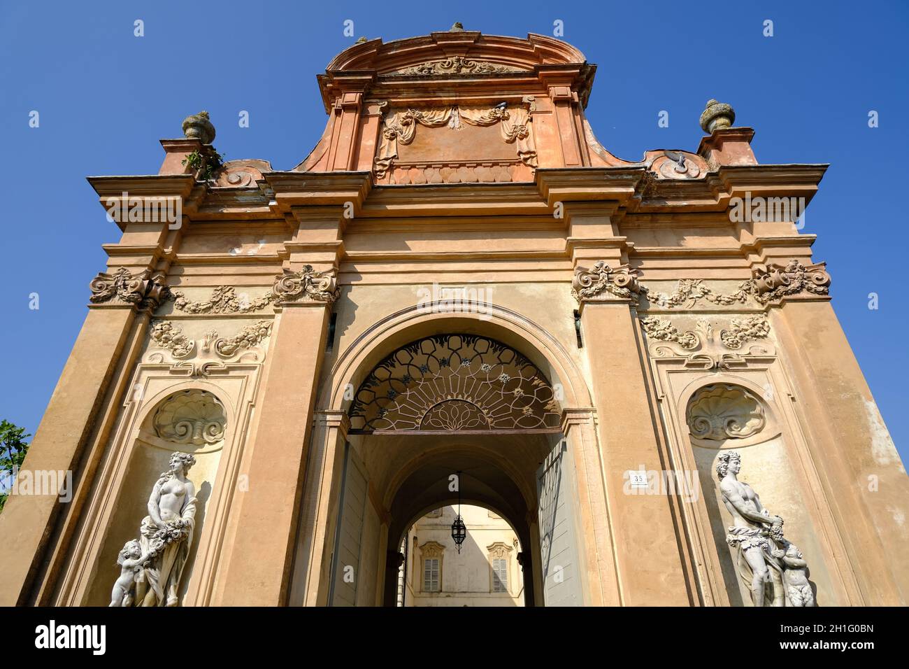 Giuseppe Verdi Museum in Busseto. Triumphal arch. Ancient Villa Pallavicino with the park surrounded by a water canal now houses the museum of the Ita Stock Photo