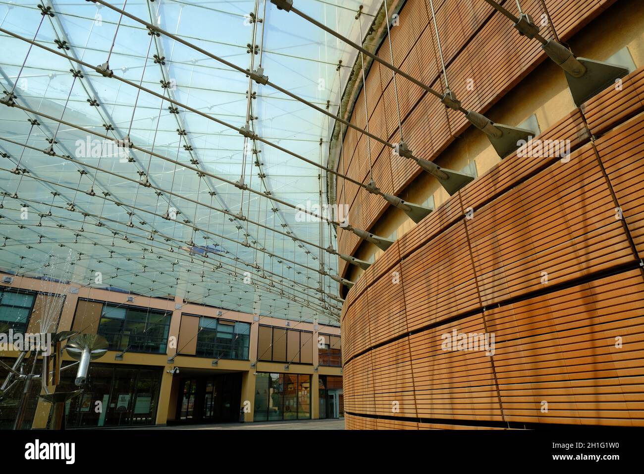 Lodi, Lombardy, Italy about 092021.Modern building with glass roof and