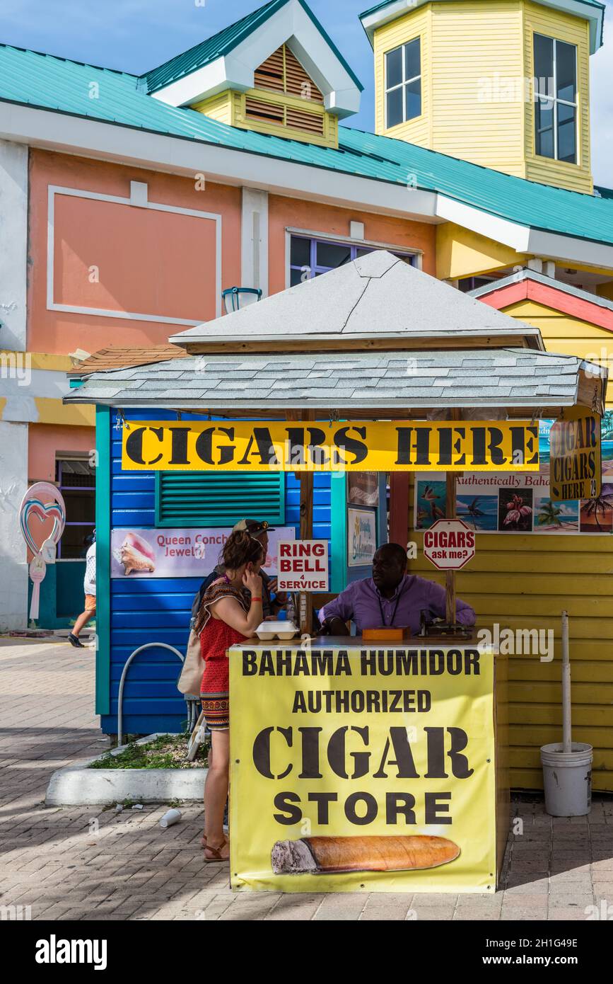 Nassau, Bahamas May 3, 2019 n People in front of a cigar store in