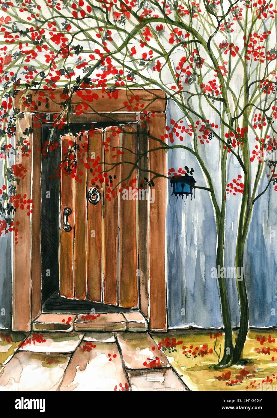 Old wooden door. Watercolor painting Stock Photo Alamy