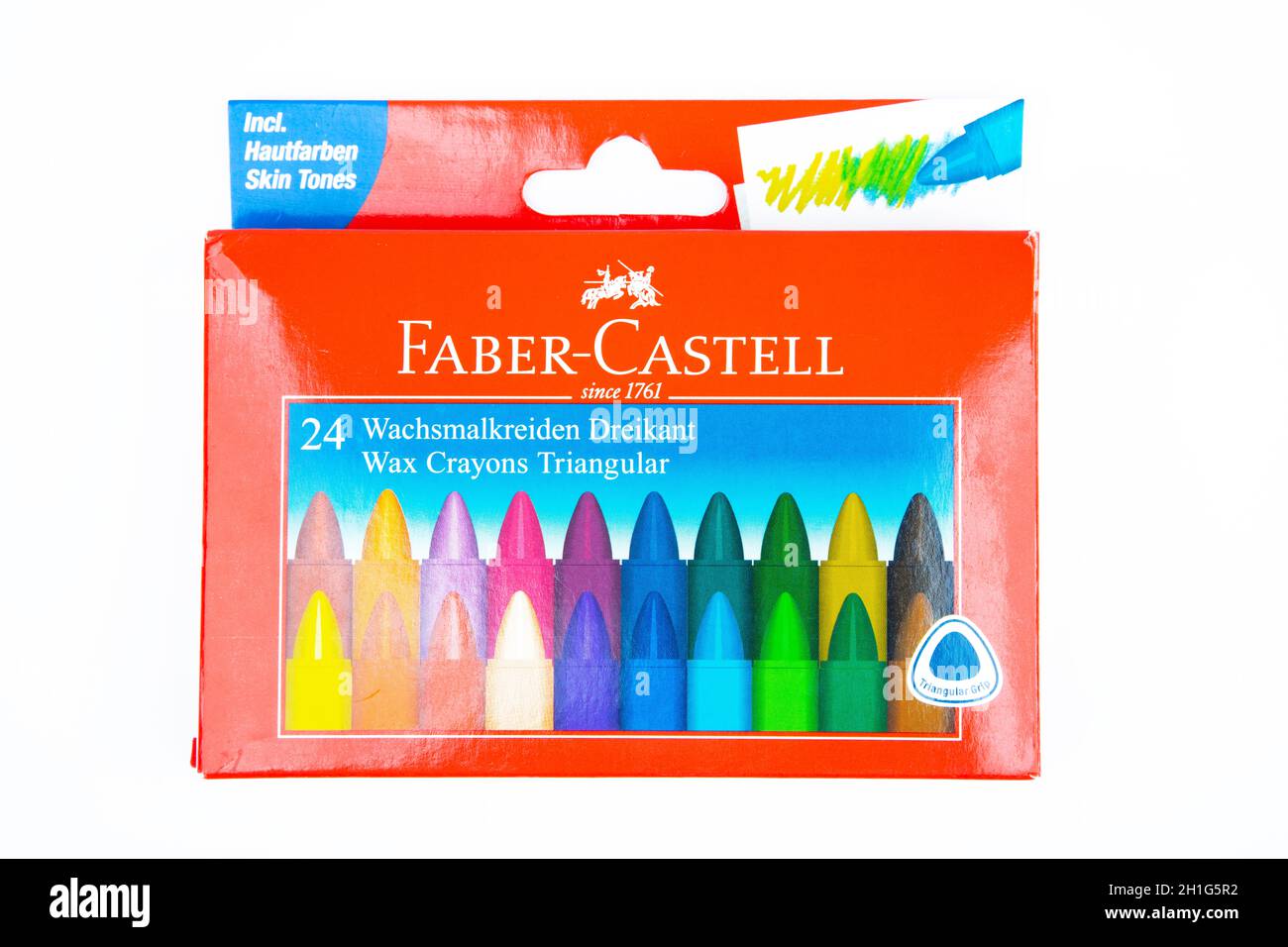 WETZLAR, GERMANY 2020 04 05 FABER CASTELL Wax Crayons. FABER CASTELL founded in 1761 in Germany. Products for writing, drawing, creative designs Stock Photo