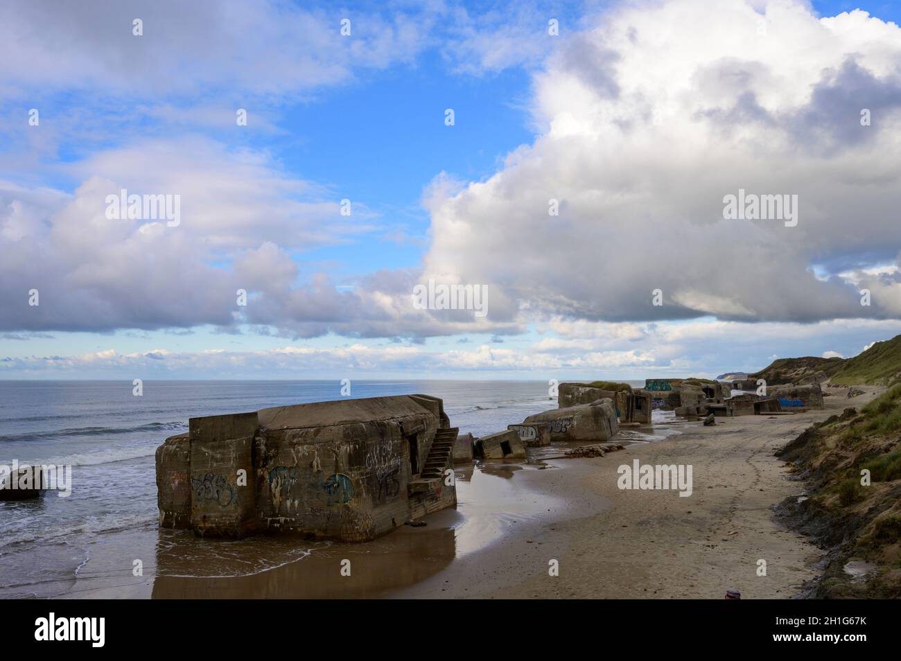Furreby coastal battery, WWII bunkers on the beach at Løkken at Furreby, Denmark Stock Photo