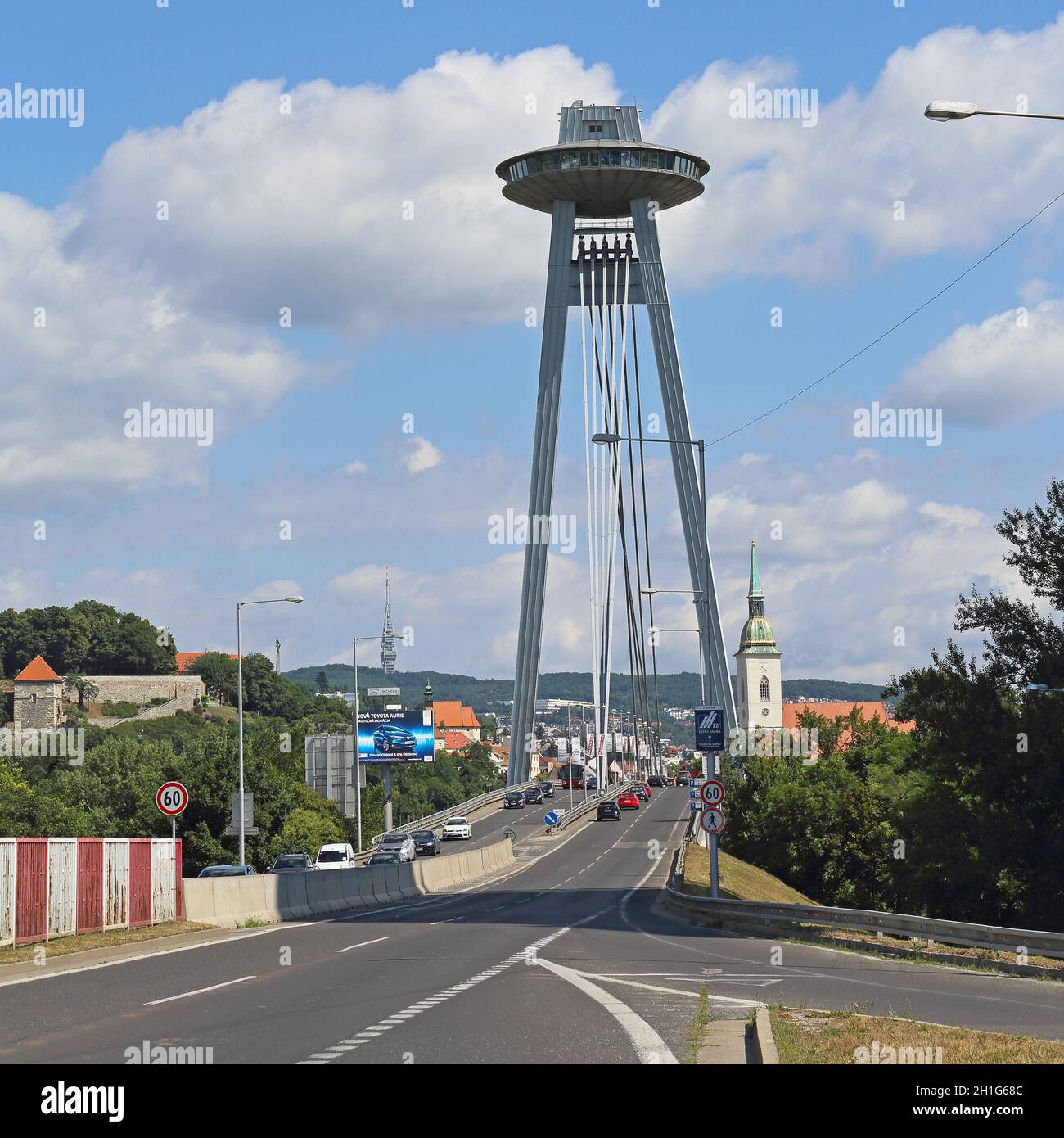 Bratislava, Slovakia - July 10, 2015: Famous SNP Bridge Landmark With Restaurant on Top of Pylon in Bratislava, Slovakia. Stock Photo