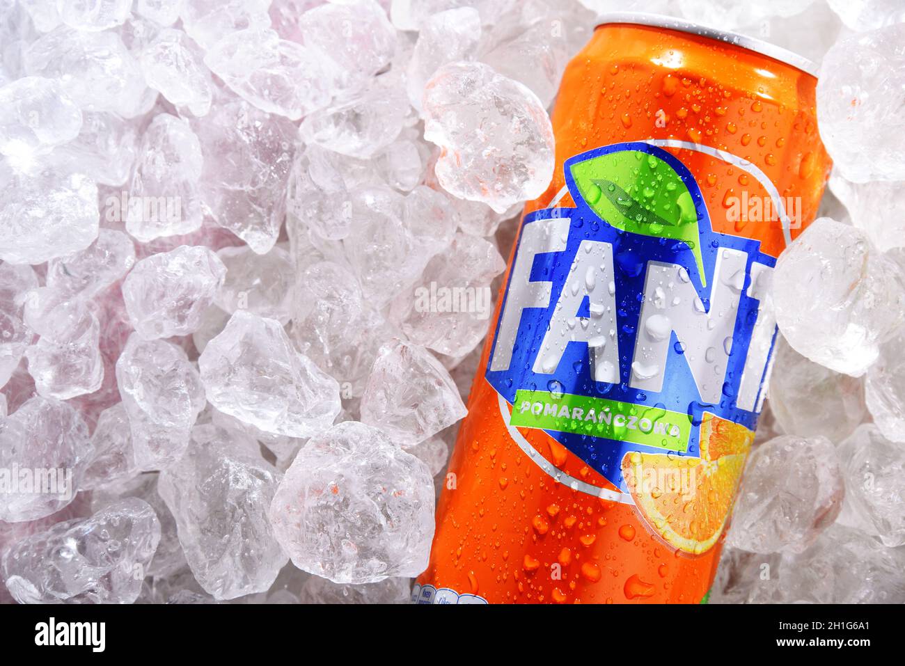 POZNAN, POL - JUN 10, 2020: Can of Fanta, a global brand of fruit-flavored carbonated soft drinks created by The Coca-Cola Company in Germany in 1940 Stock Photo