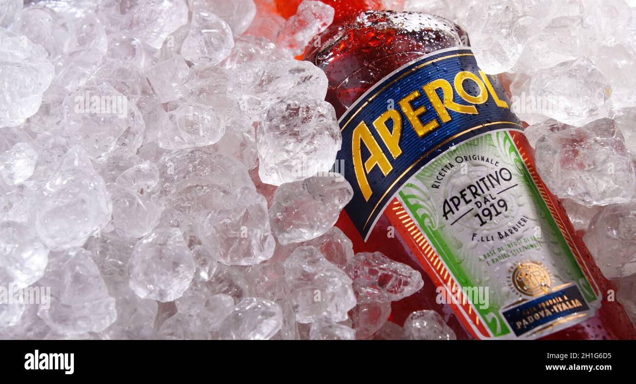 POZNAN, POL - MAY 28, 2020: Bottle of Aperol, an Italian aperitif made of gentian, rhubarb, and cinchona, It is produced by the Campari company. Stock Photo