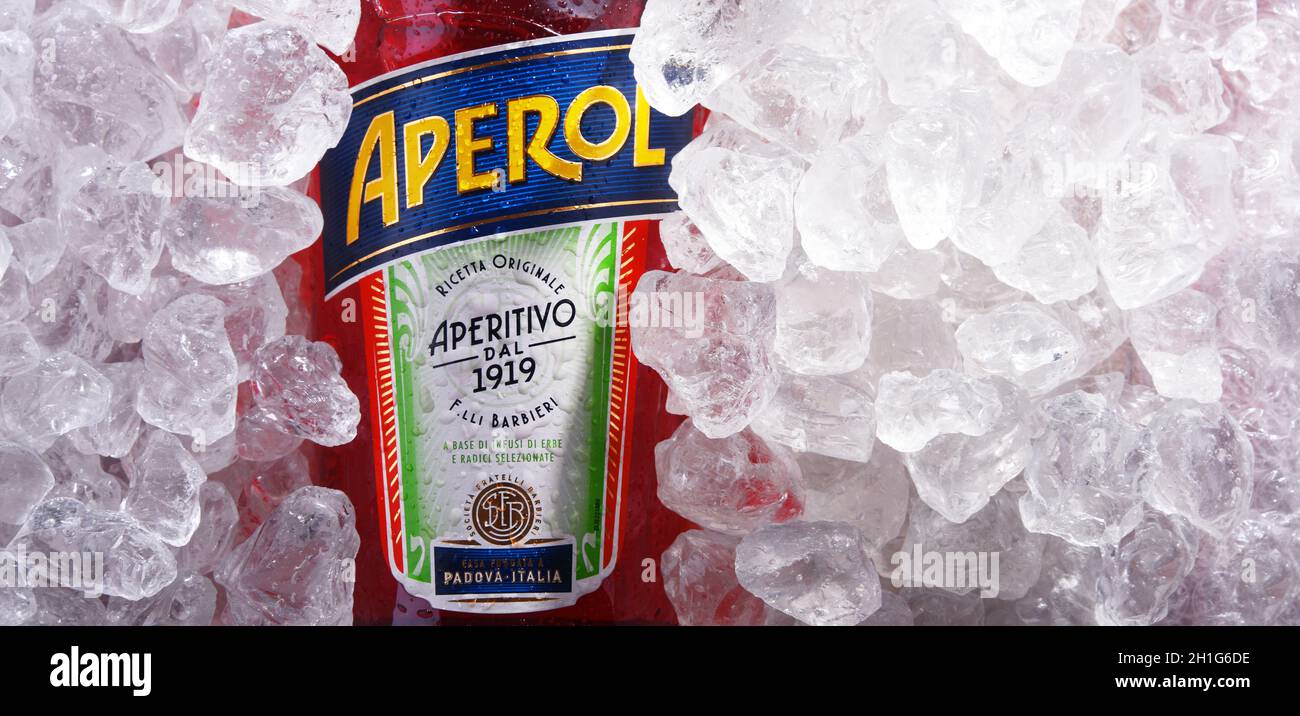 POZNAN, POL - MAY 28, 2020: Bottle of Aperol, an Italian aperitif made of gentian, rhubarb, and cinchona, It is produced by the Campari company. Stock Photo