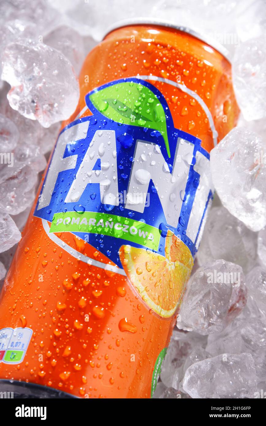 POZNAN, POL - JUN 10, 2020: Can of Fanta, a global brand of fruit-flavored carbonated soft drinks created by The Coca-Cola Company in Germany in 1940 Stock Photo