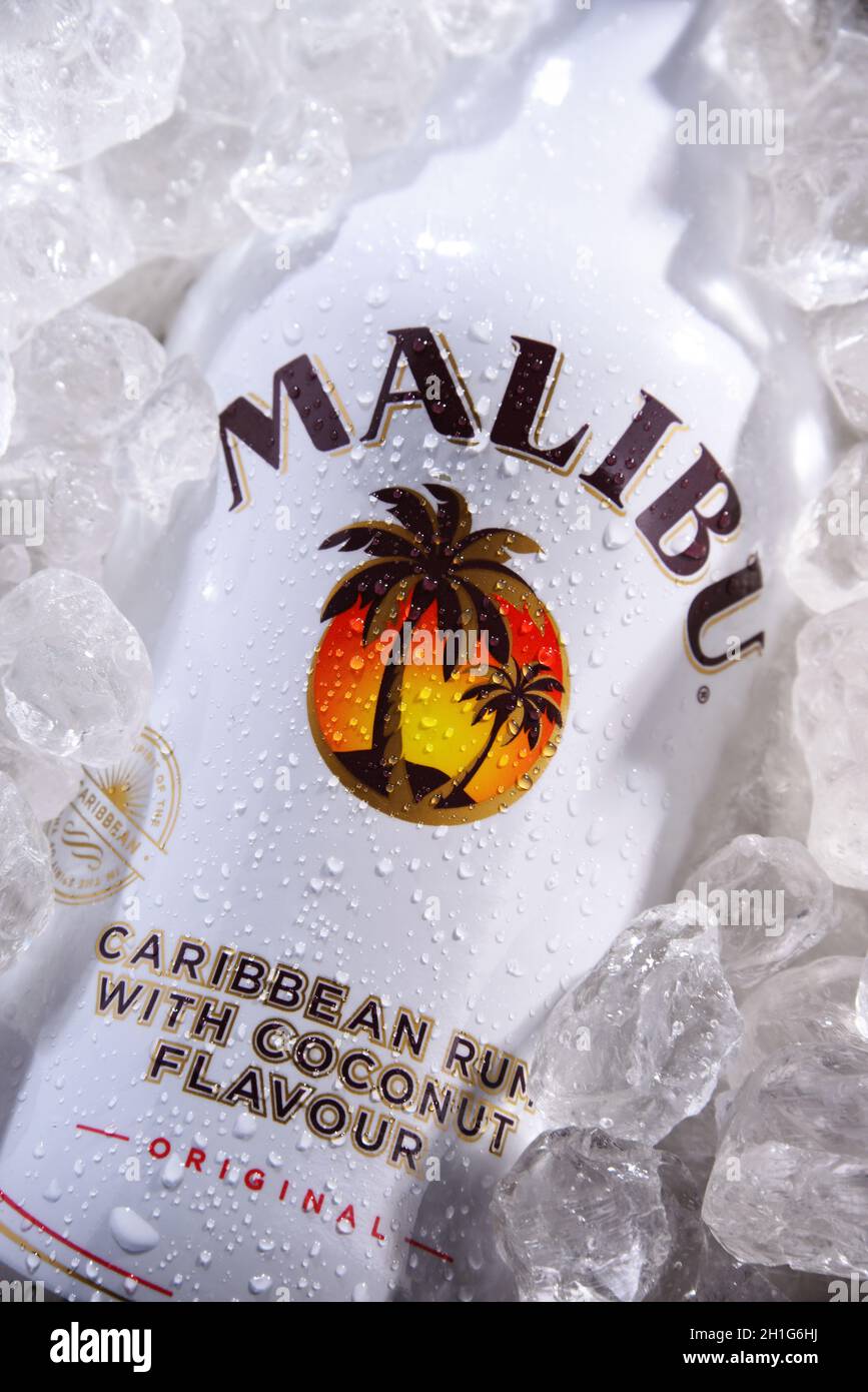 POZNAN, POL MAY 28, 2020 Bottle of Malibu Rum, a flavored rumbased