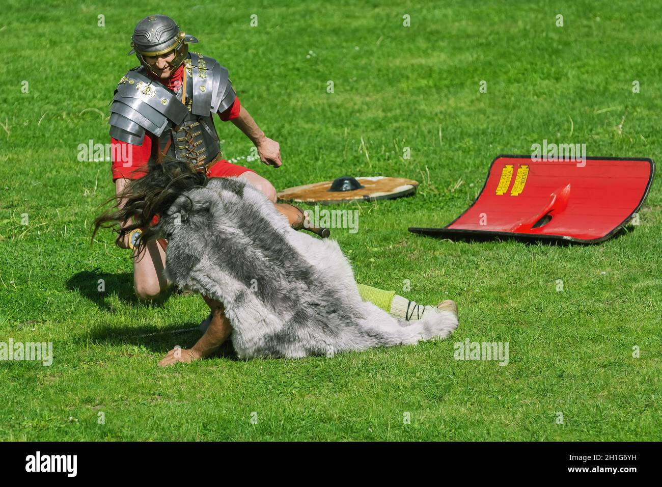 Alba Iulia, Romania - May 04, 2019: Fight between Roman Legionary and Dacian Warrior During the Festival Roman Apulum 'Revolta'. Stock Photo