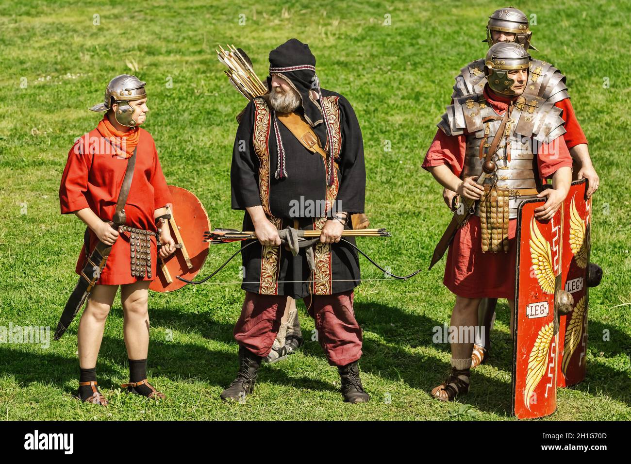 Alba Iulia, Romania - May 04, 2019: Roman soldiers in battle costume during the Festival Roman Apulum 'Revolta'. Stock Photo