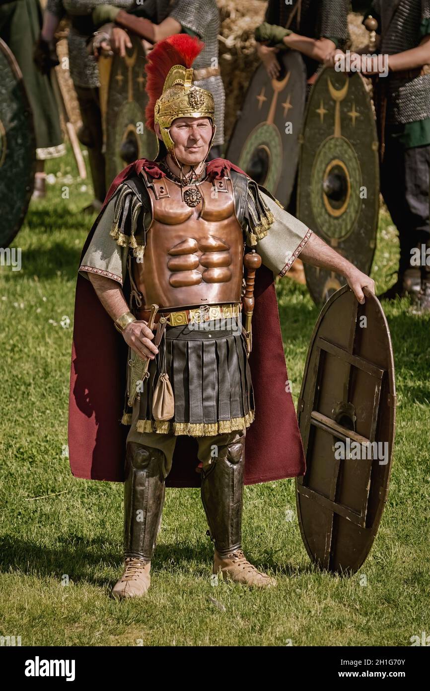 Alba Iulia, Romania - May 04, 2019: Roman Legionnairy during the Festival Roman Apulum 'Revolta'. Stock Photo