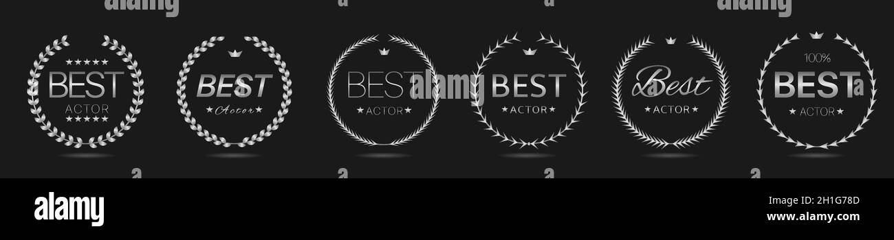 Best actor Grey laurel wreath label set Stock Vector