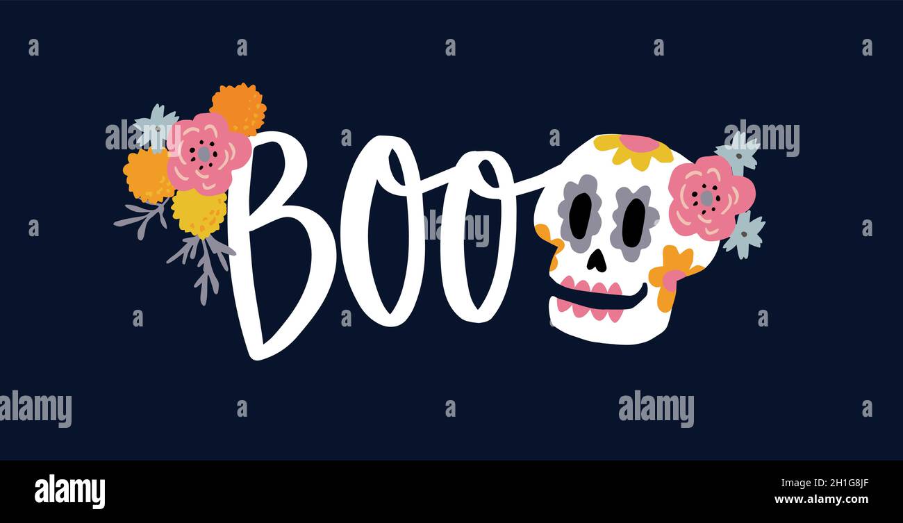 Dia de Los Muertos web banner. Mexican Day of the Dead, Halloween greeting card, invitation. Ornamental skull decor. Tagetes flowers. Hand lettered Stock Vector