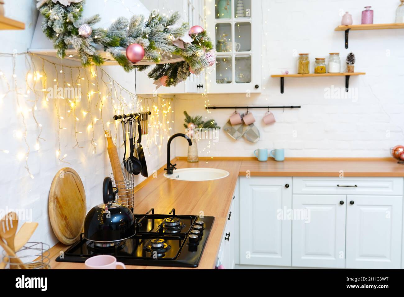 Christmas modern kitchen design. kitchen utensils and furniture Stock
