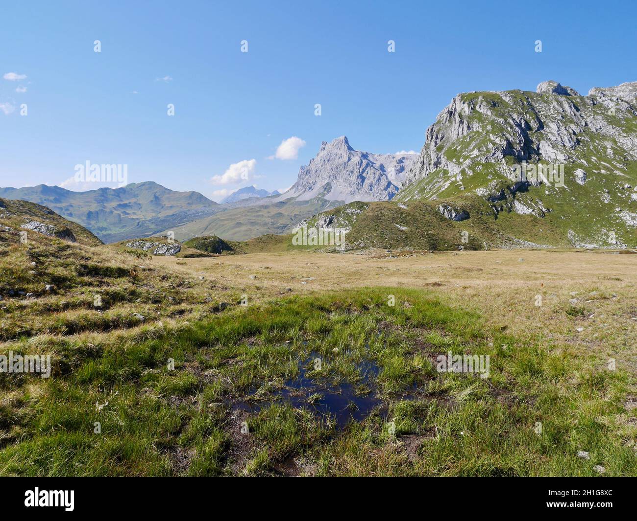 Alpine landscape in Praettigau with Sulzfluh in the background. Graubuenden, Switzerland. Stock Photo