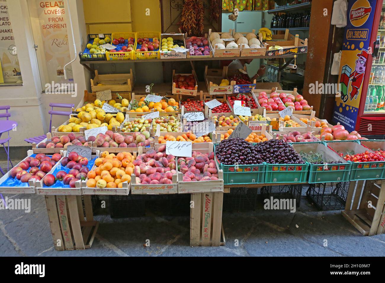 Sorrento, Italy - June 26, 2014: Fruits and Vegetables Stall at Street in Sorrento, Italy. Stock Photo