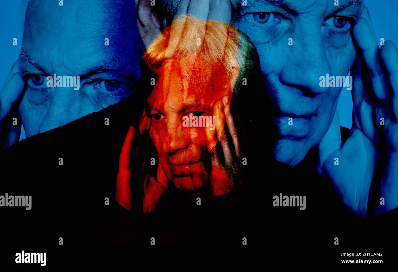 White haired man having headache. Art collage with double exposure Stock Photo