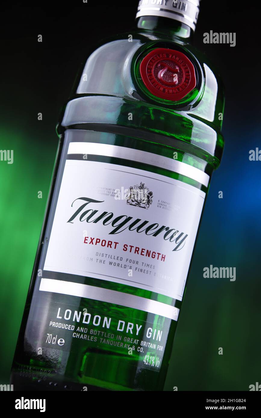 POZNAN, POL - JUN 26, 2020: Bottle of Tanqueray, a brand of gin produced by Diageo plc and marketed worldwide Stock Photo