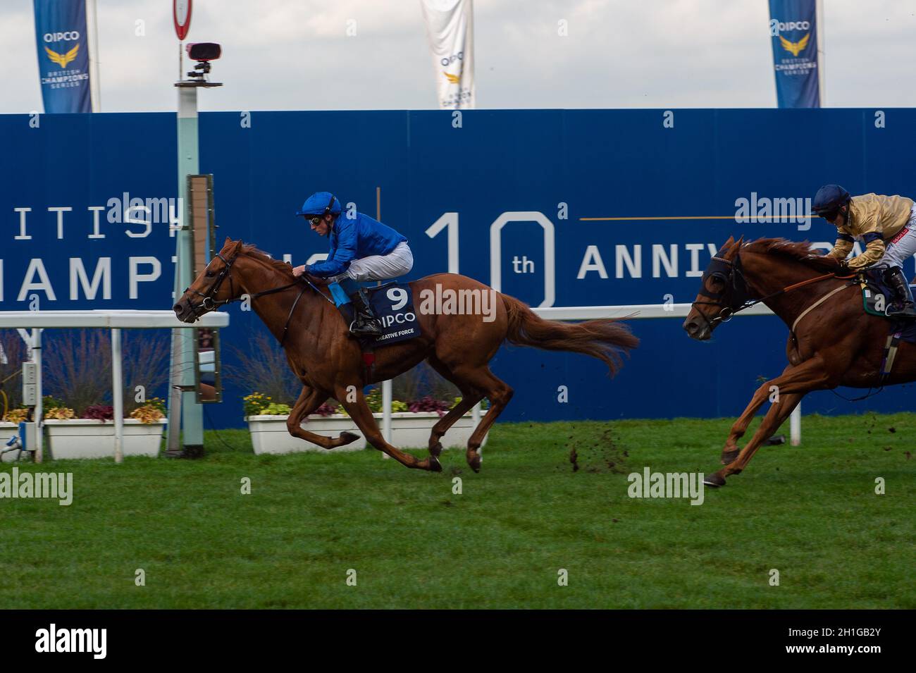 Ascot, Berkshire, UK. 16th October, 2021. Creative Force ridden by jockey  William Buick wins the QIPCO British Champions Sprint Stakes (Class 1)  (Group 1) (British Champions Series) at the QIPCO British Champions