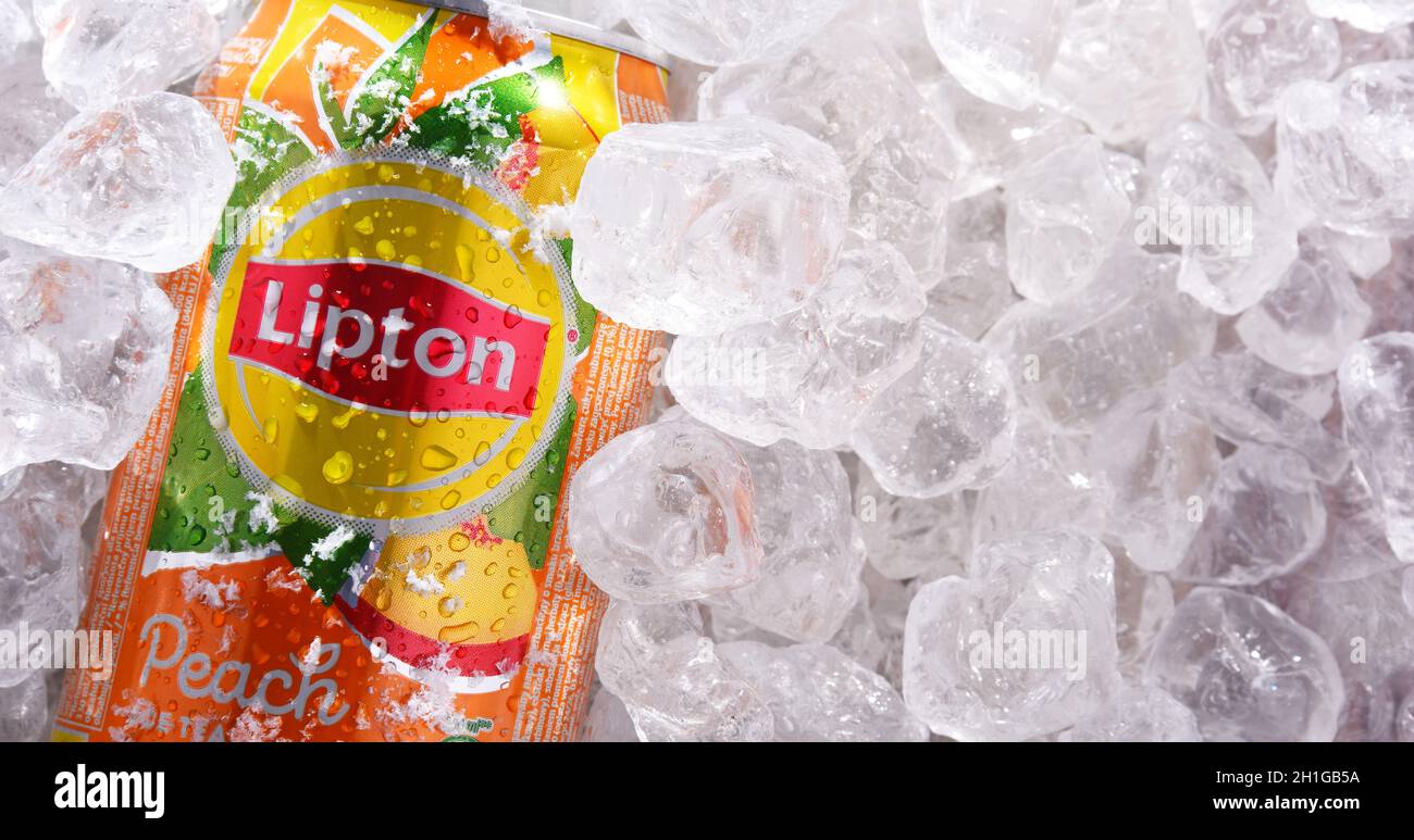 POZNAN, POL JUN 18, 2020 Can of Lipton Ice Tea, a soft drink brand