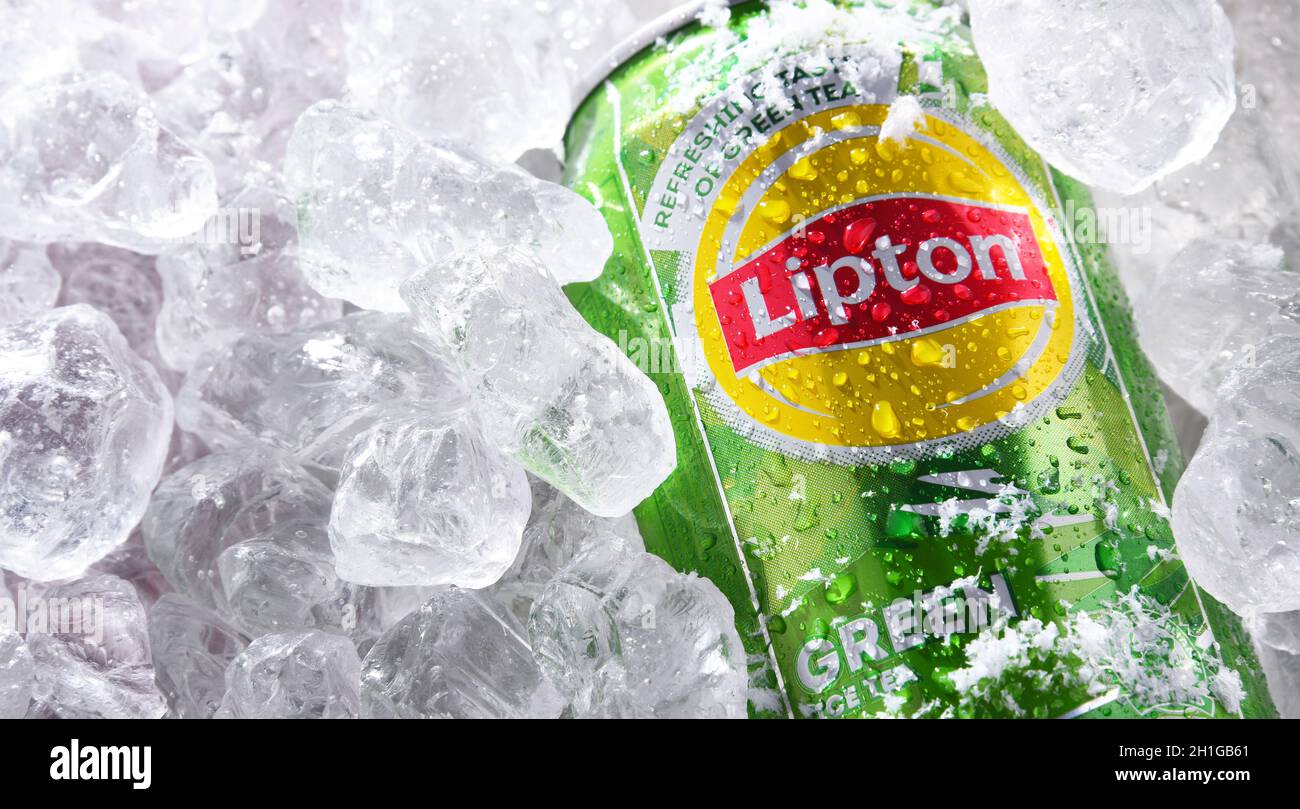 POZNAN, POL JUN 18, 2020 Can of Lipton Ice Tea, a soft drink brand