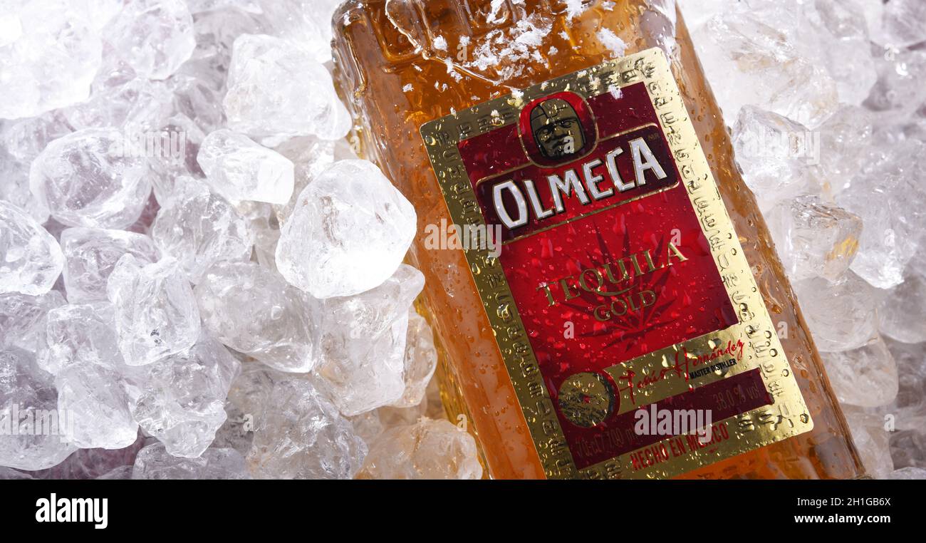 POZNAN, POL JUN 18, 2020 Bottle of Olmeca, popular brand of tequila