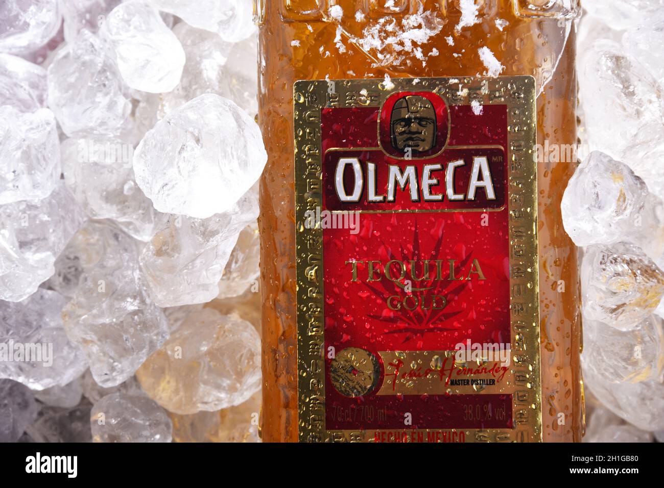 POZNAN, POL JUN 18, 2020 Bottle of Olmeca, popular brand of tequila