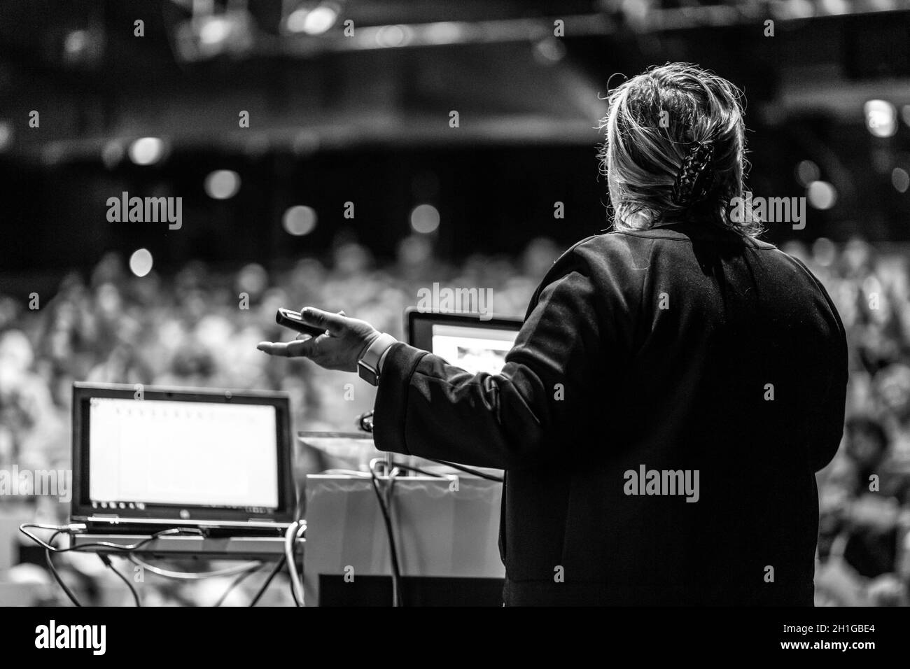 Female giving speech podium Black and White Stock Photos & Images - Alamy