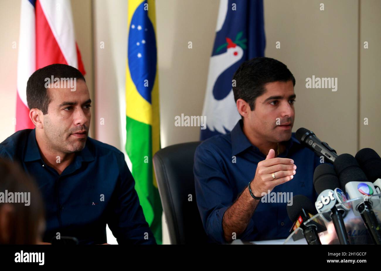 salvador, bahia / brazil - october 3, 2016: Bruno Reis, vice mayor of Salvador, talks with ACM Neto, mayor, during an event in the city of Salvador. * Stock Photo