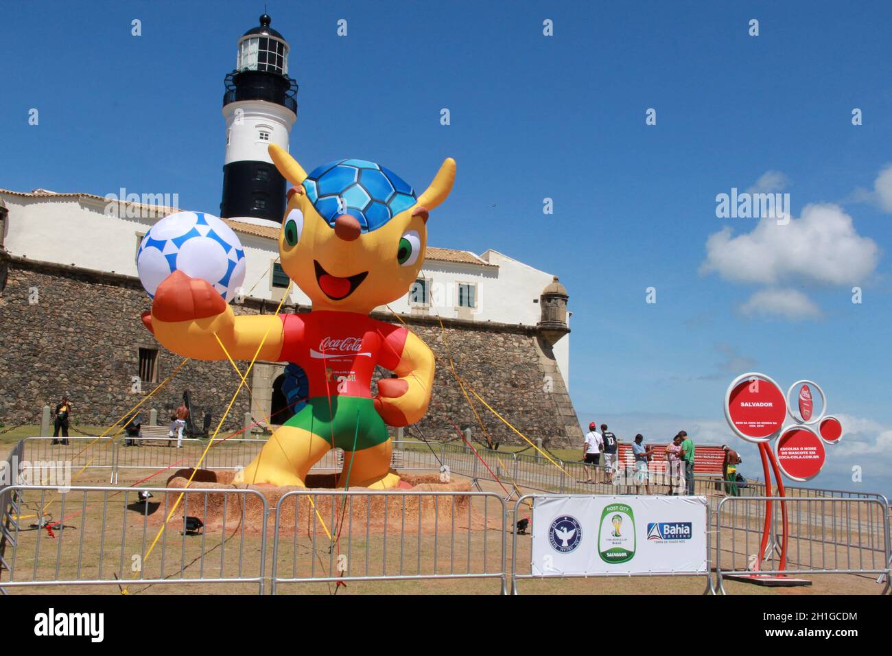 salvador, bahia / brazil - september 25, 2012: Fuleco, the mascot of the FIFA World Cup, is seen facing the Santo Antonio Fort, better known as Farol Stock Photo