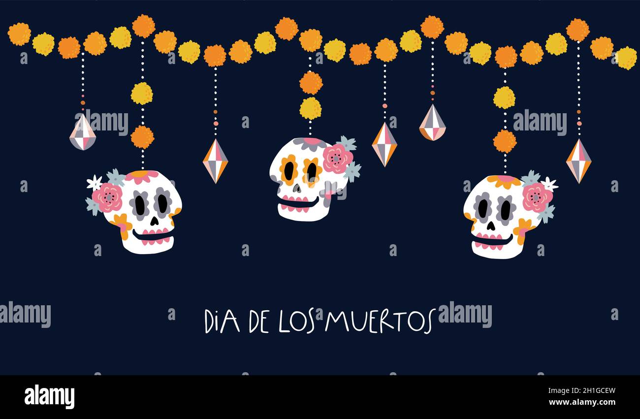 Dia de Los Muertos greeting card, invitation. Mexican Day of the Dead. Hanging ornamental skulls decoration Floral garland of orange marigold, tagetes Stock Vector