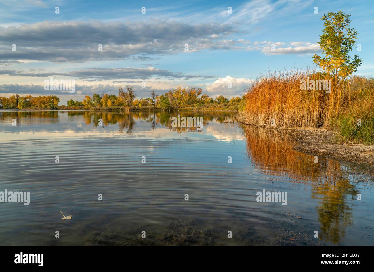 calm lake at sunset in one of Fort Collins natural areas in northern Colorado, fall scenery Stock Photo
