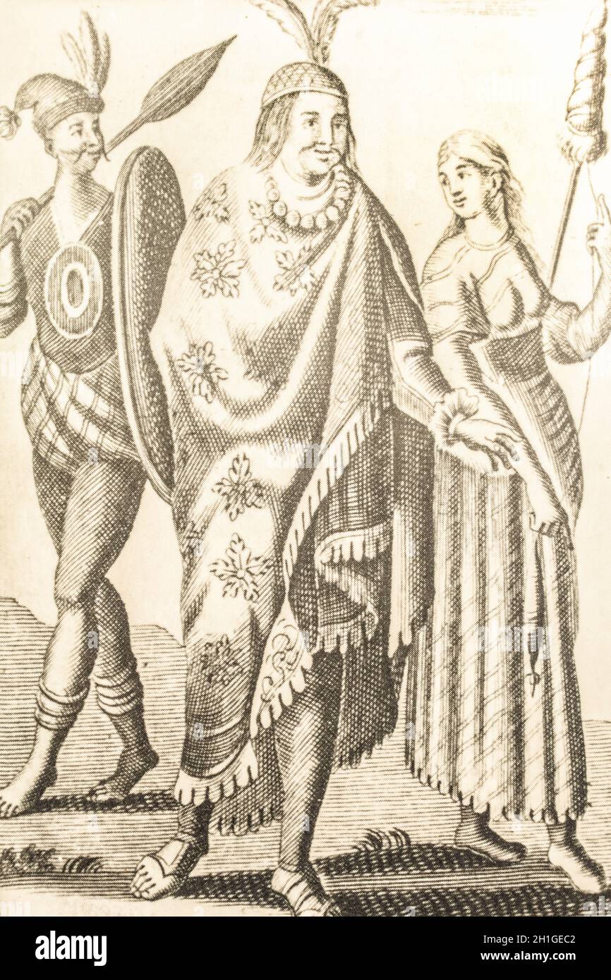 Peruvian inhabitants. Engraved at Woodes Rogers Voyage autour du monde. 1716. Museum of the Americas, Madrid, Spain Stock Photo