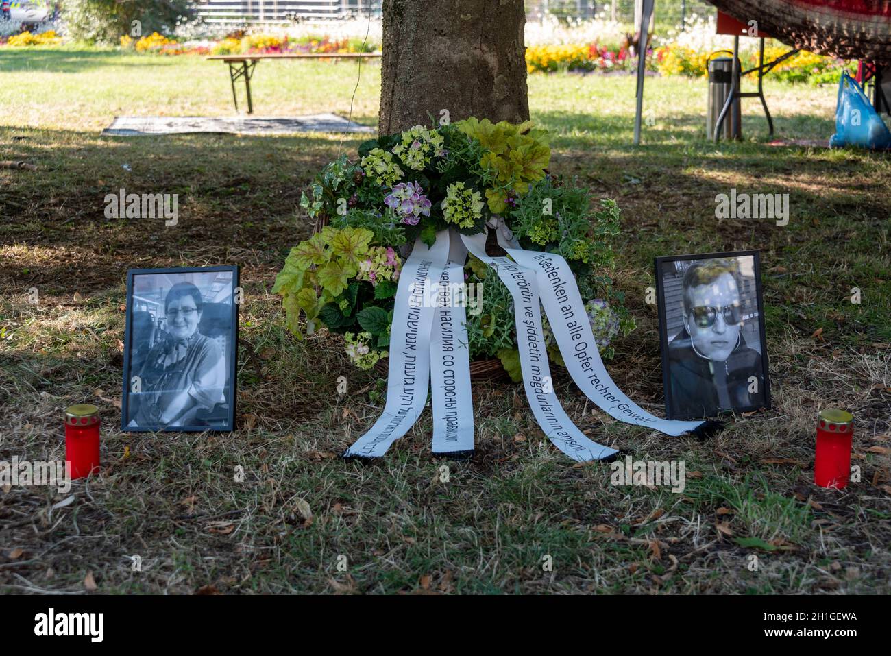 Germany, Saxony-Anhalt, Magdeburg, 22 July 2020: A wreath has been laid before the Regional Court in memory of the victims of the right-wing extremist Stock Photo