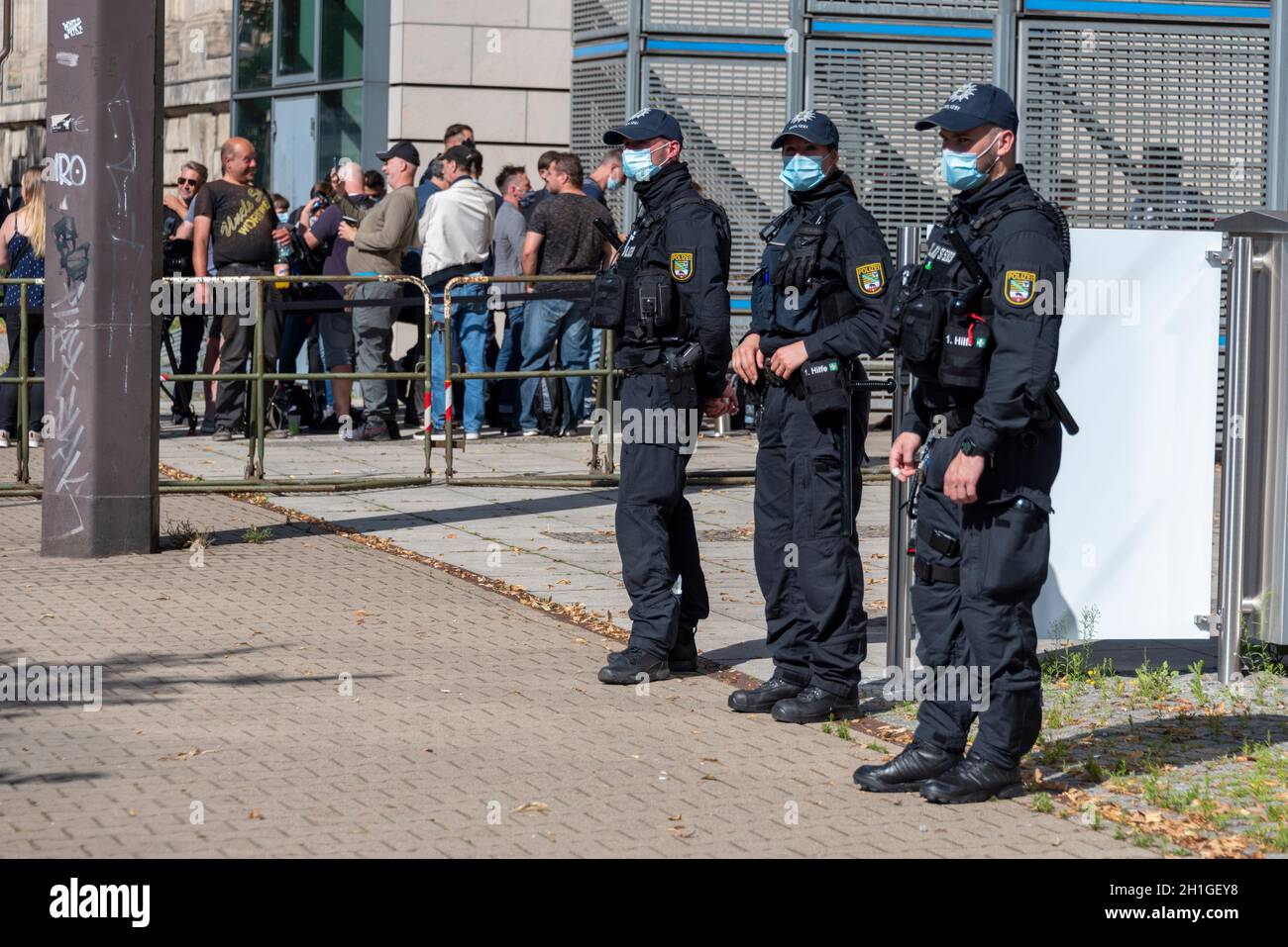 Germany, Saxony-Anhalt, Magdeburg, July 21, 2020: Before the trial of Stephan B., accused of multiple murder, begins, German police officers will stan Stock Photo