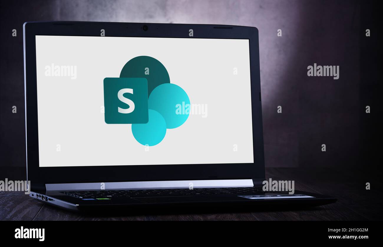 POZNAN, POL - JUL 11, 2020: Laptop computer displaying logo of ...