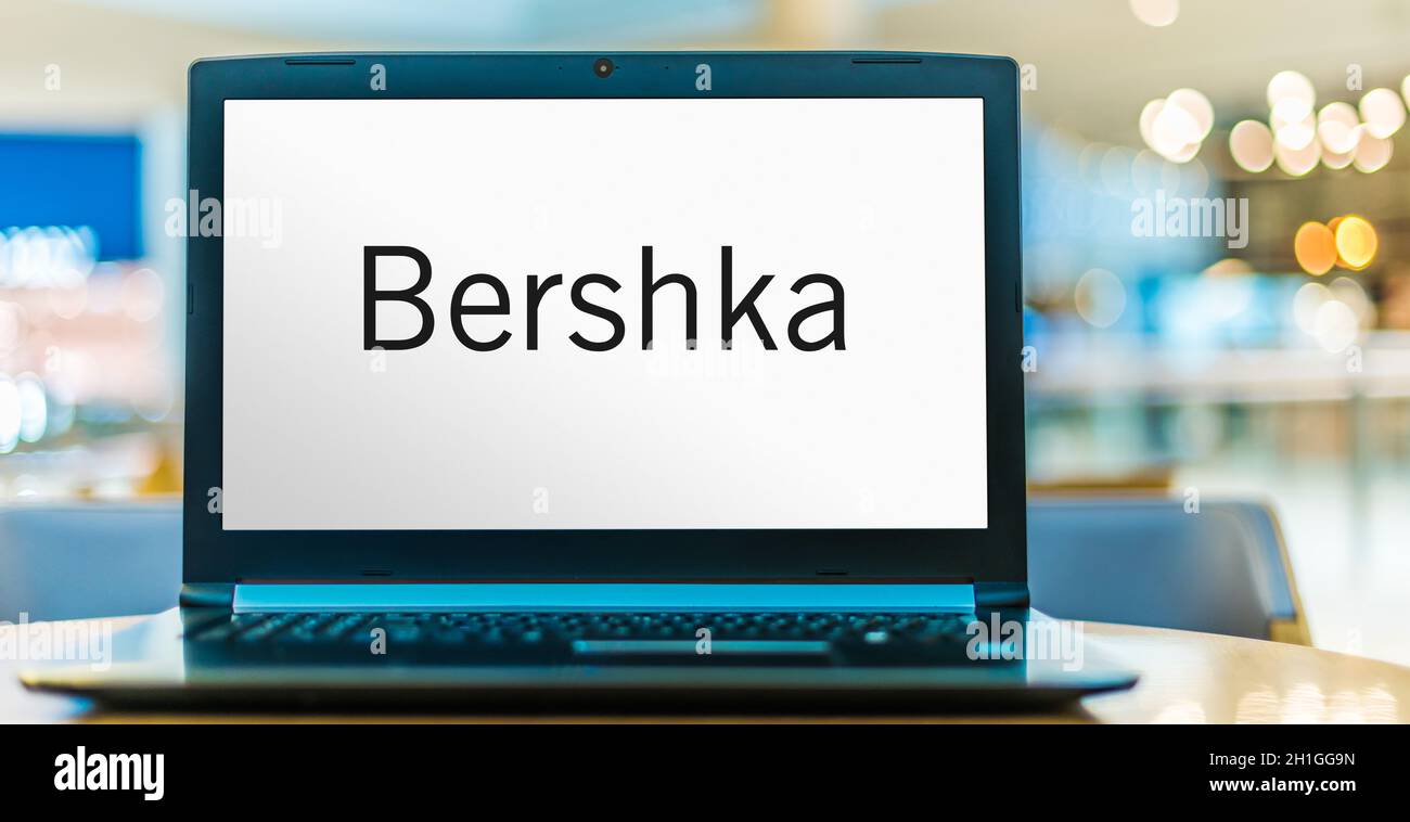 POZNAN, POL - JUN 20, 2020: Laptop computer displaying logo of Bershka, a clothing retailer company, it belongs to Spanish Inditex group Stock Photo