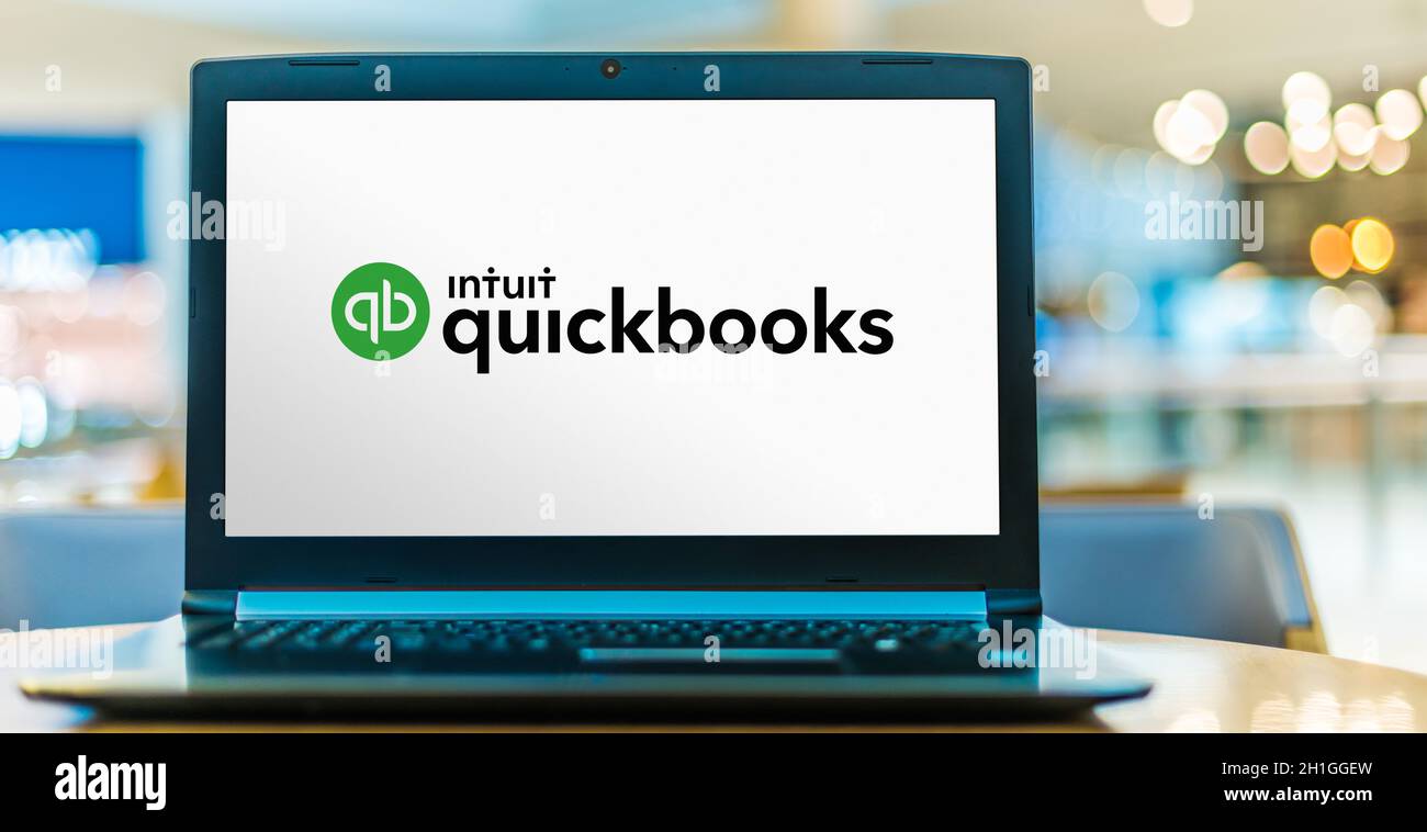 POZNAN, POL - JUN 16, 2020: Laptop computer displaying logo of QuickBooks, an accounting software package developed and marketed by Intuit Stock Photo