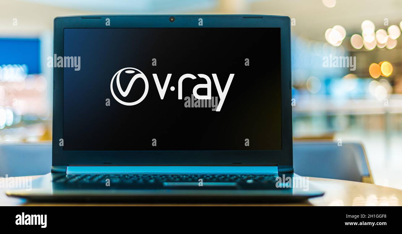 POZNAN, POL - JUN 16, 2020: Laptop computer displaying logo of V-Ray a biased computer-generated imagery rendering software application developed by B Stock Photo