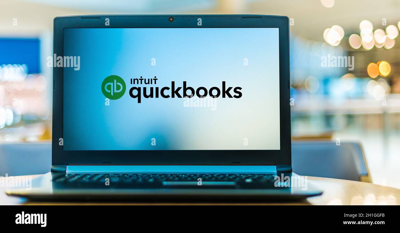 POZNAN, POL - JUN 16, 2020: Laptop computer displaying logo of QuickBooks, an accounting software package developed and marketed by Intuit Stock Photo