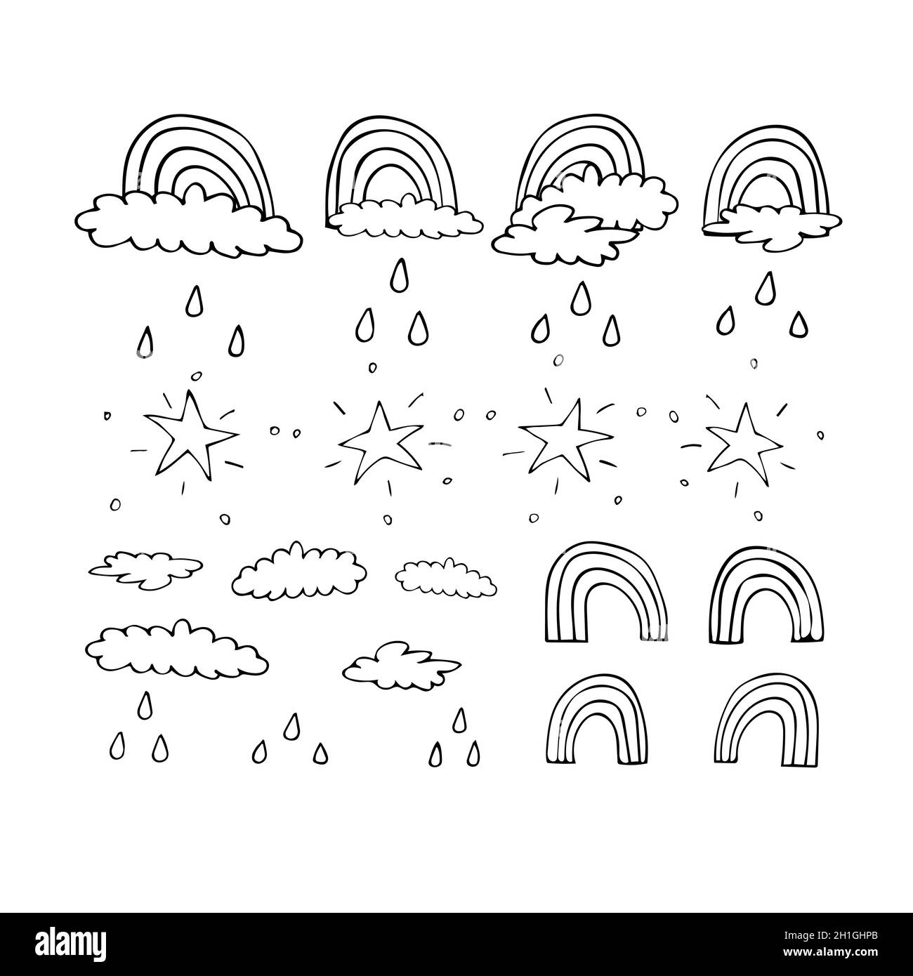 Graphic outline printing sign with rainbow, clouds, stars and rain.  Stock Vector