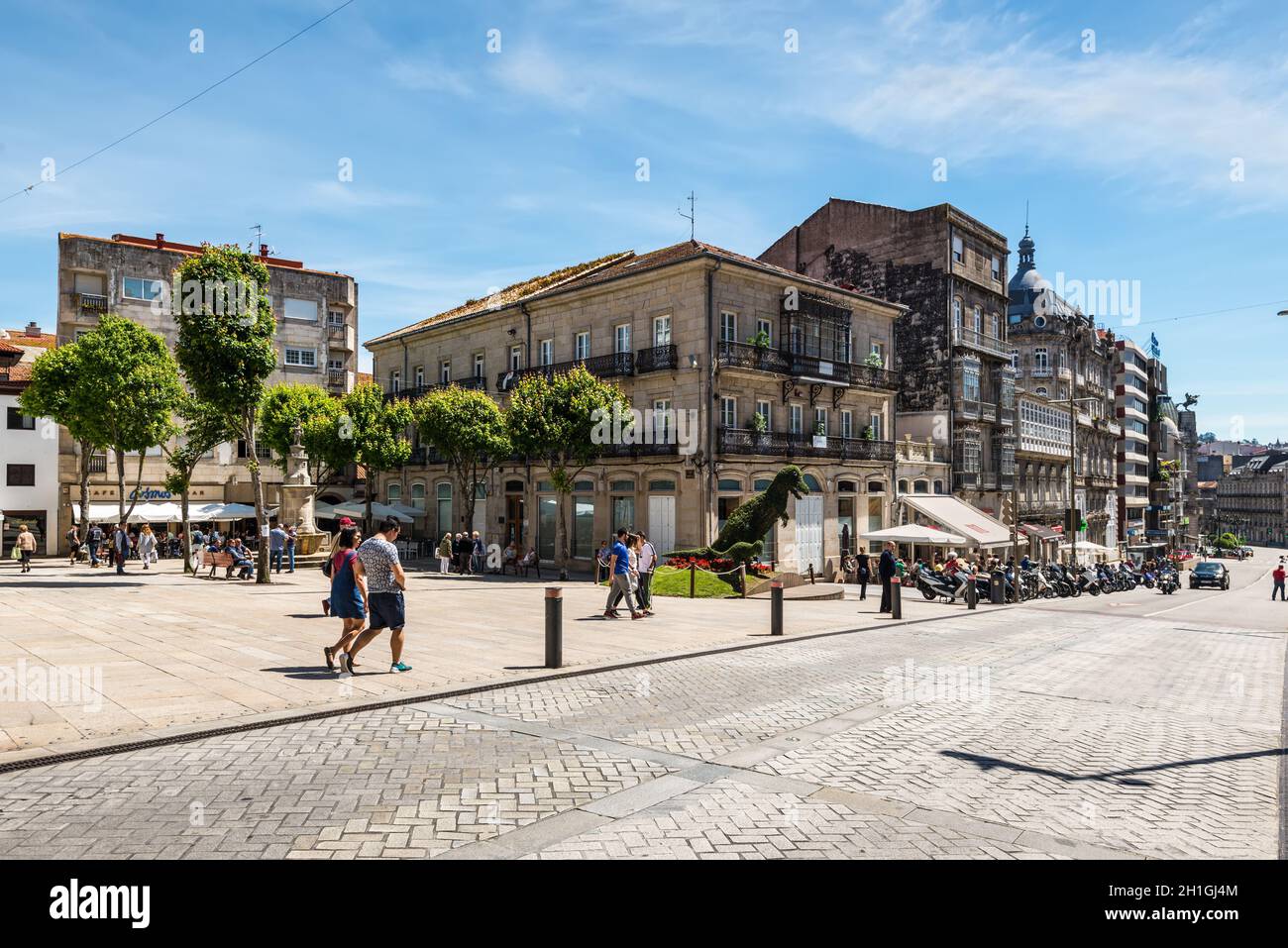 Vigo, Spain - May 20, 2017: Street Life in ancient historic spanish town Vigo in Galicia, Spain. Ordinary day in a street of Vigo. Stock Photo