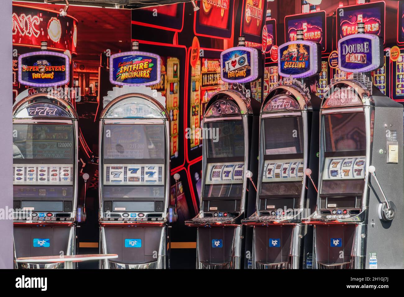 Thessaloniki, Greece - September 8 2019: Games area outdoors exhibition of Regency Casino with logo. Slot machines & table games experience presentati Stock Photo