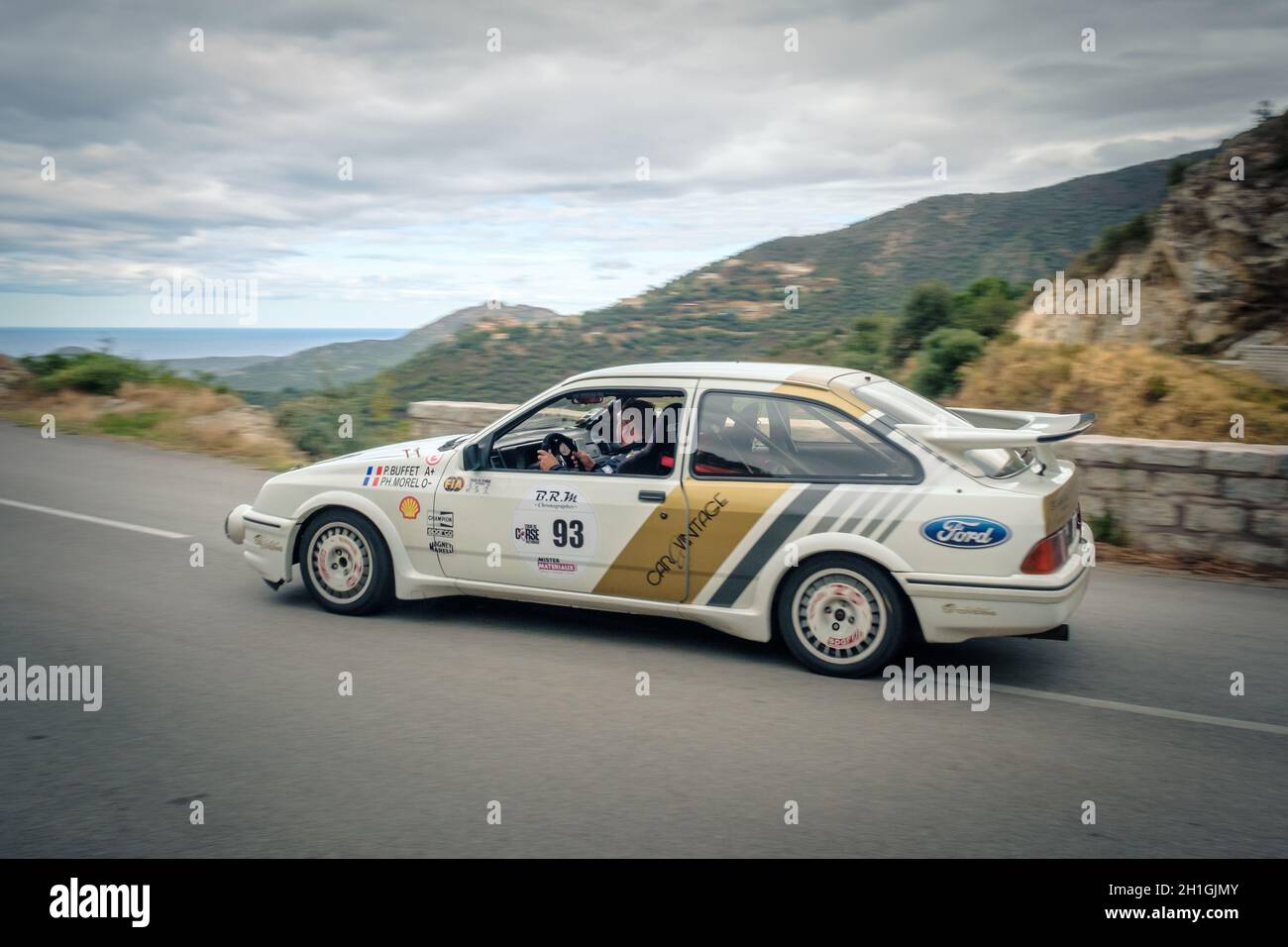 Occhiatana, Corsica, France - 7th October 2020: Pierre Buffet and Pierre-Henri Morel compete in their Ford Sierra RS Cosworth in the 2021 Tour de Cors Stock Photo