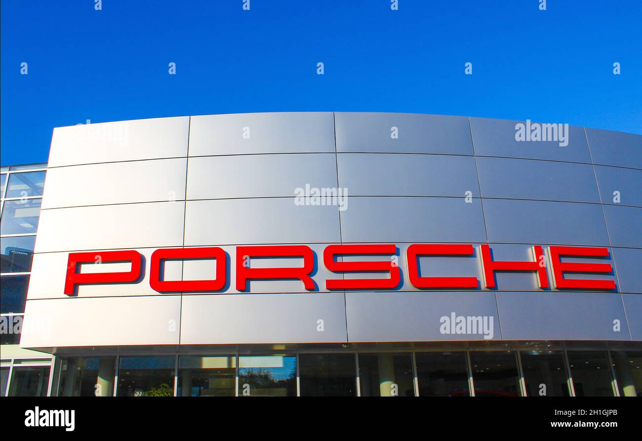 Kyiv, Ukraine - July 29, 2020: Porsche automobile dealership exterior. Porsche Automobile Holding is a German holding company with investments in the Stock Photo