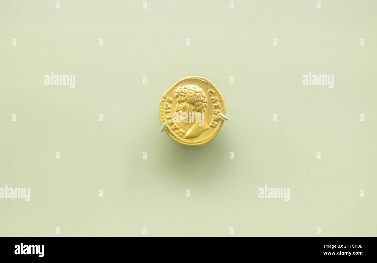 Merida, Spain - August 25th, 2018: Lucius Aelius Roman Caesar gold coin. National Museum of Roman Art in Merida, Spain Stock Photo