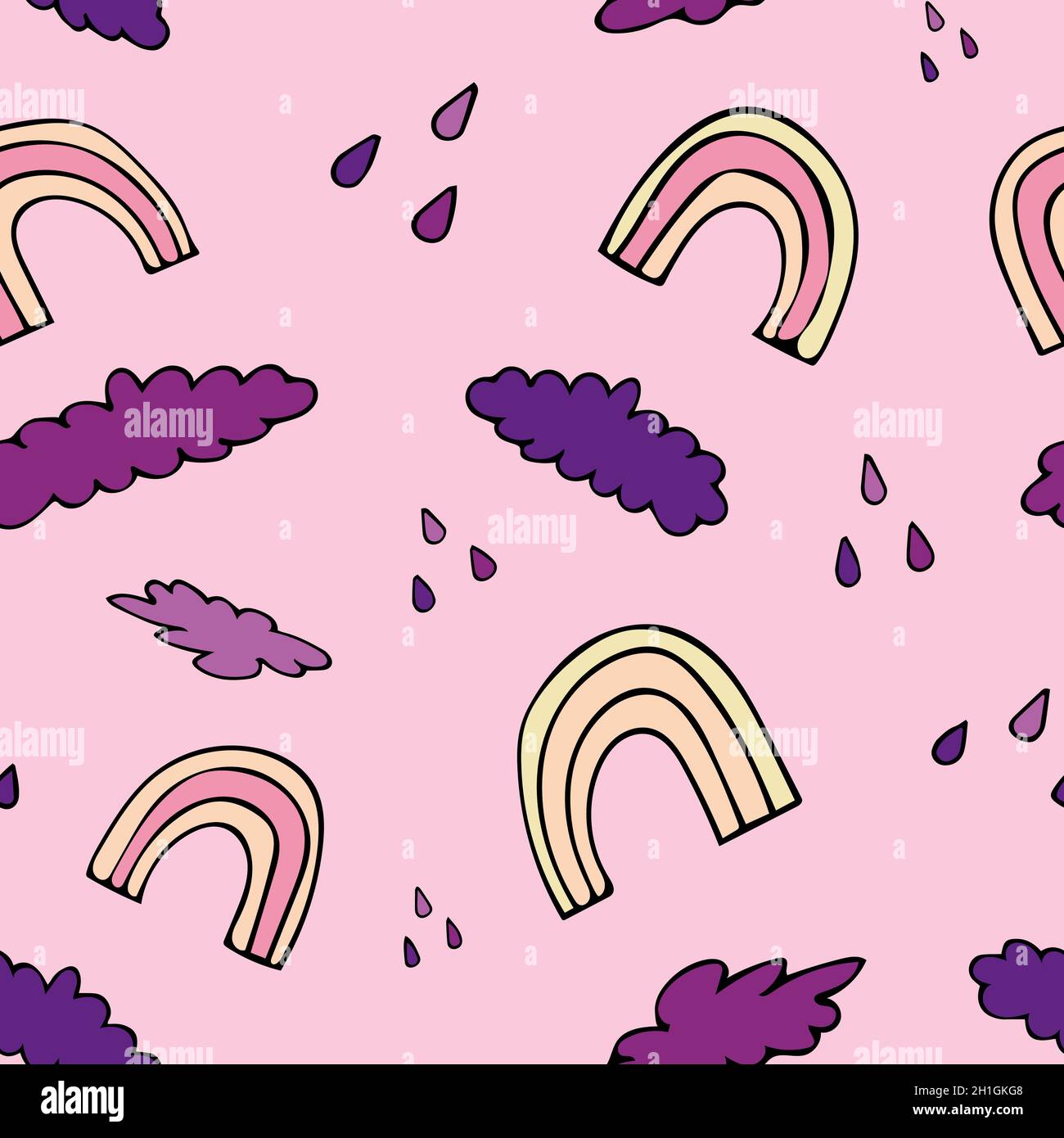 Seamless pattern with rainbow, rain and clouds. Pink background. Stock Vector