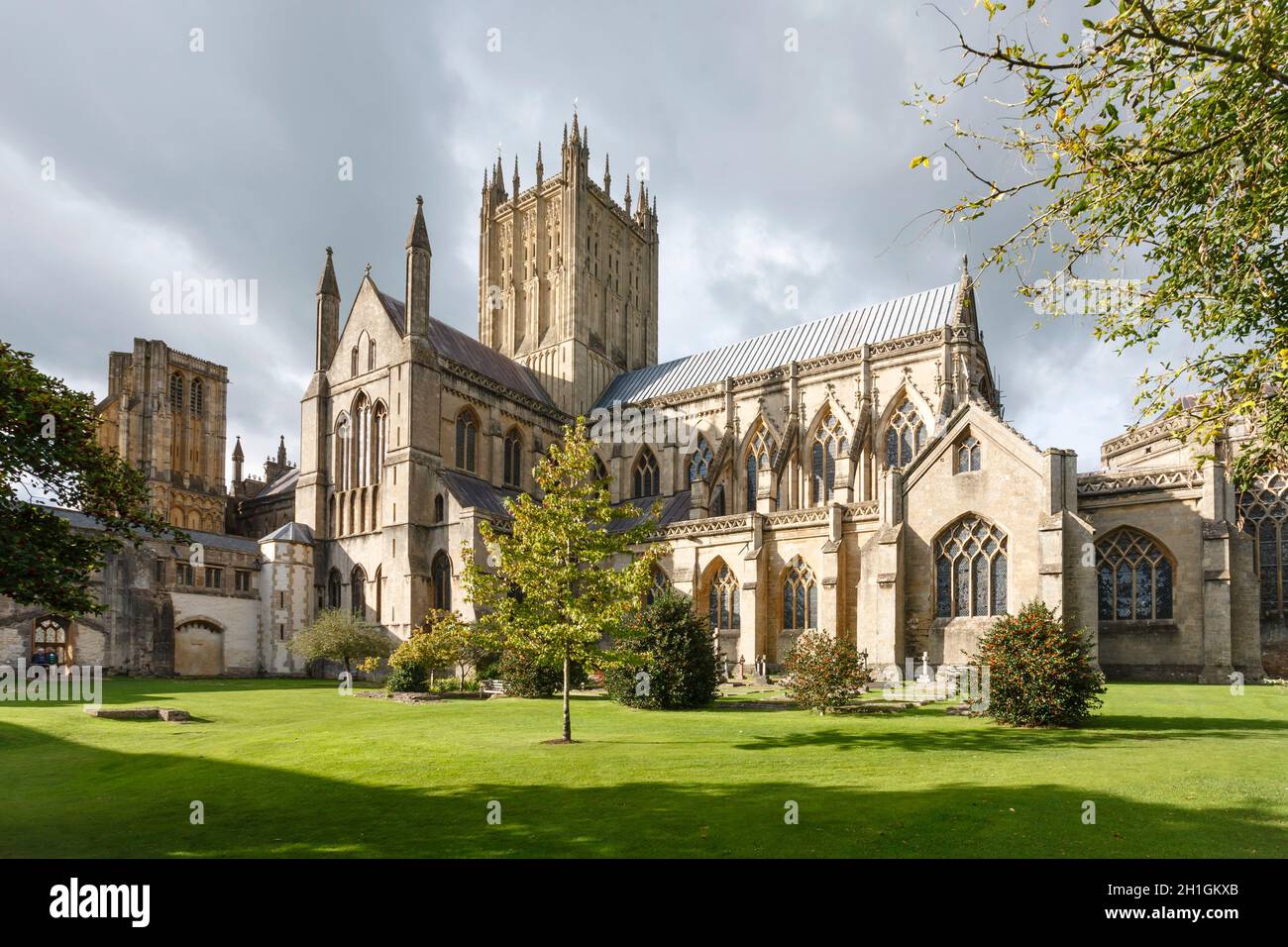 WELLS, UK - October 07, 2011. Exterior of Wells Cathedral. Tower and South Transept. Wells, Somerset, UK Stock Photo