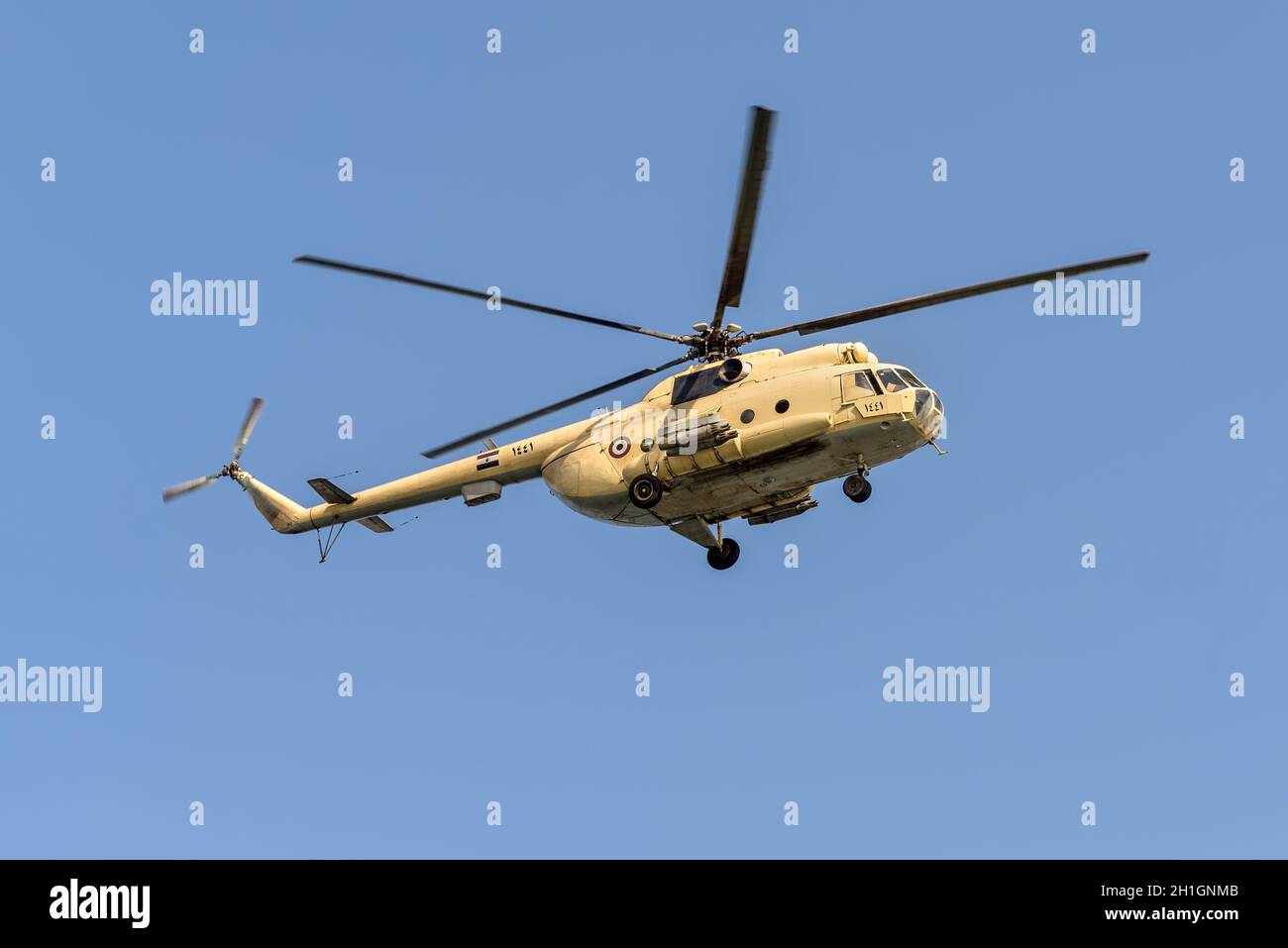 Ismailia, Egypt - November 14, 2019: A Mil Mi-8 Hip helicopter patrolling the Suez Canal in Egypt. Stock Photo
